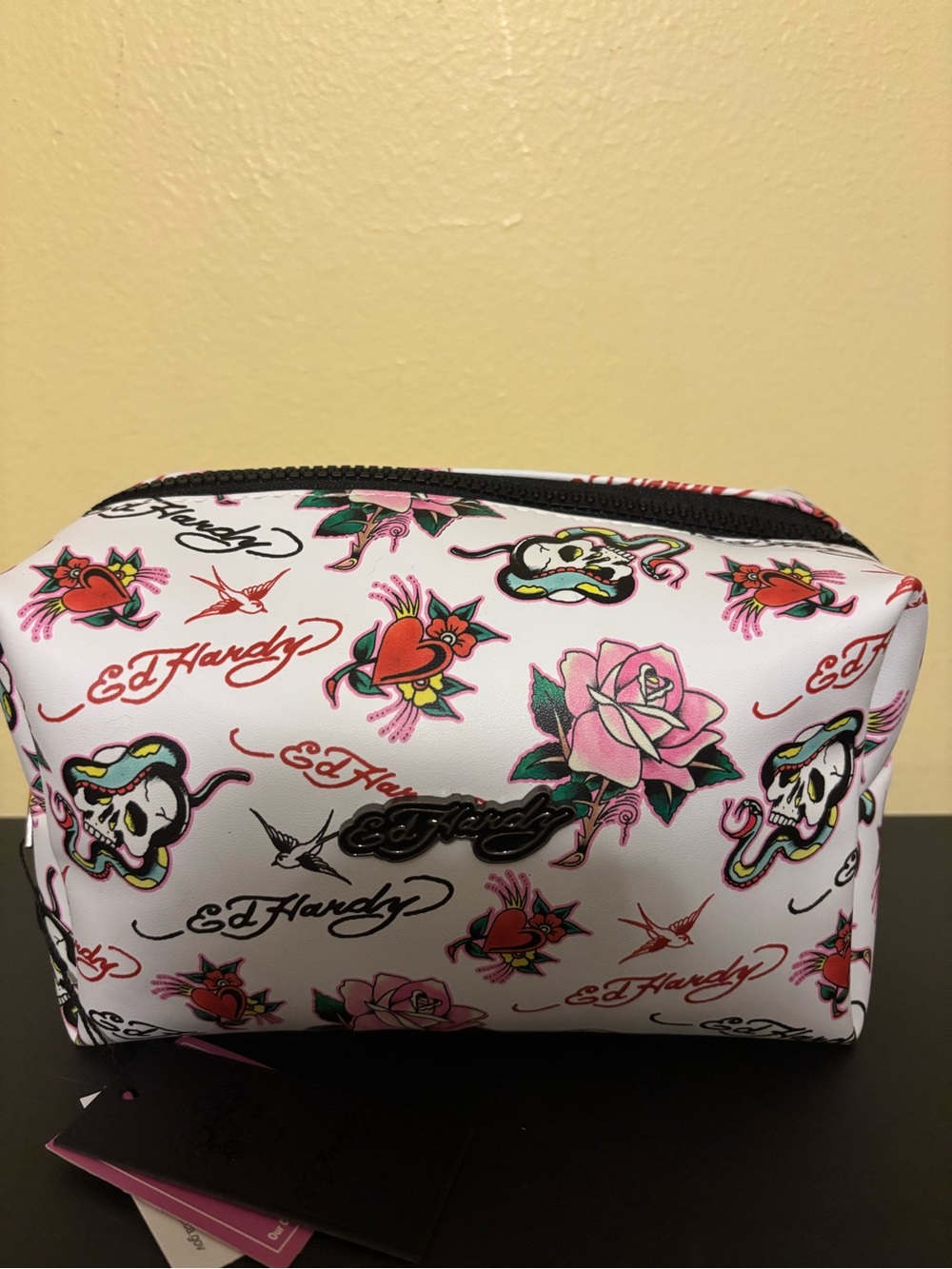 Ed Hardy White & Pink Tattoo Floral Cosmetic Pouch